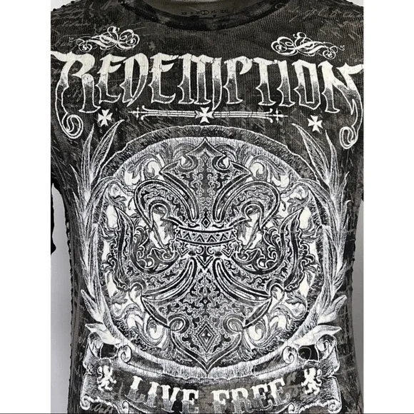 Archaic by Affliction Men's Thermal Shirt SHIELDED Wing Biker Gray - Picture 7 of 9